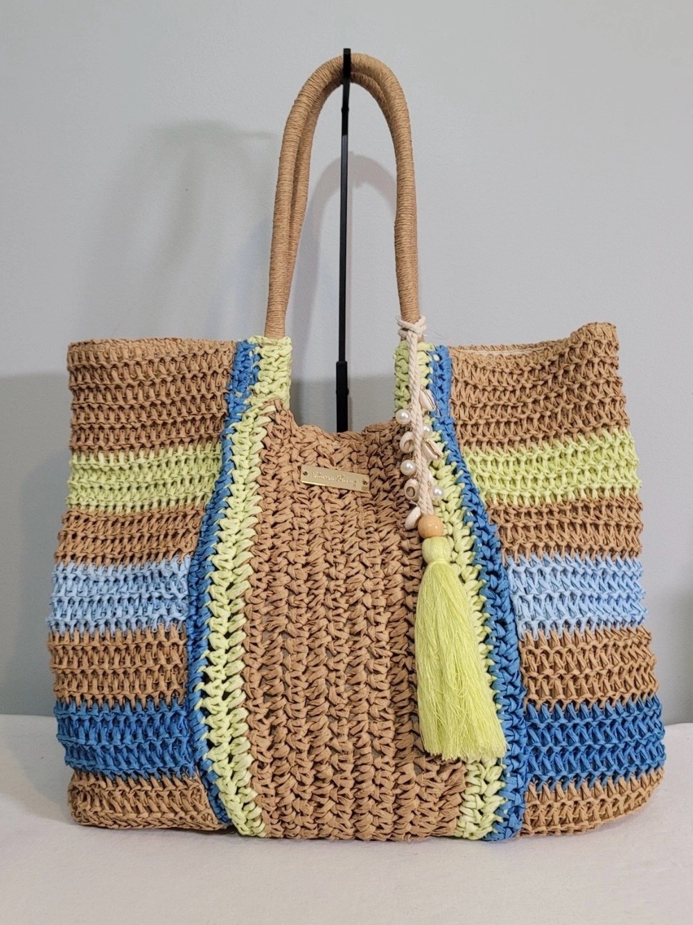 Shore Thing Bondi Woven Raffia Straw Tote Lime Blue Striped Shopper Beach Bag